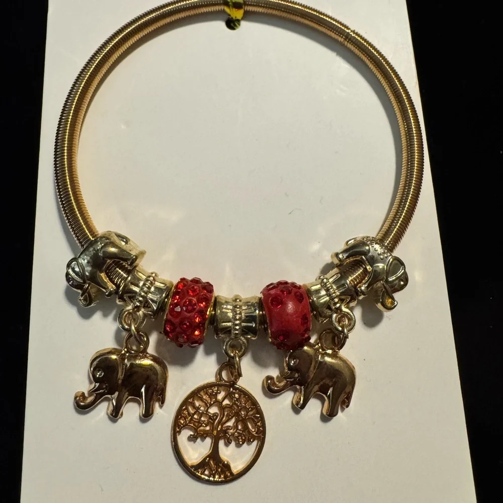 Melody Gold Charm Bracelet–Elephant&Tree of Life&Red Beads - Picture 4 of 5
